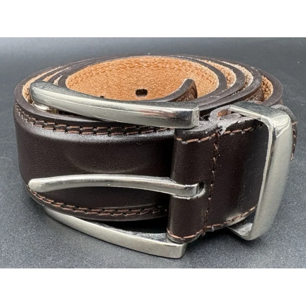 Brown Leather Genuine Belt Men's Sz 36 Silver Buckle Mahogany Brown GUC